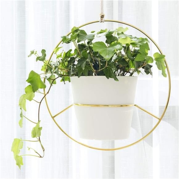 Boho Metal Hanging Planter with Plastic Pots, Set of 2 , Modern Mid Century - Picture 3 of 6